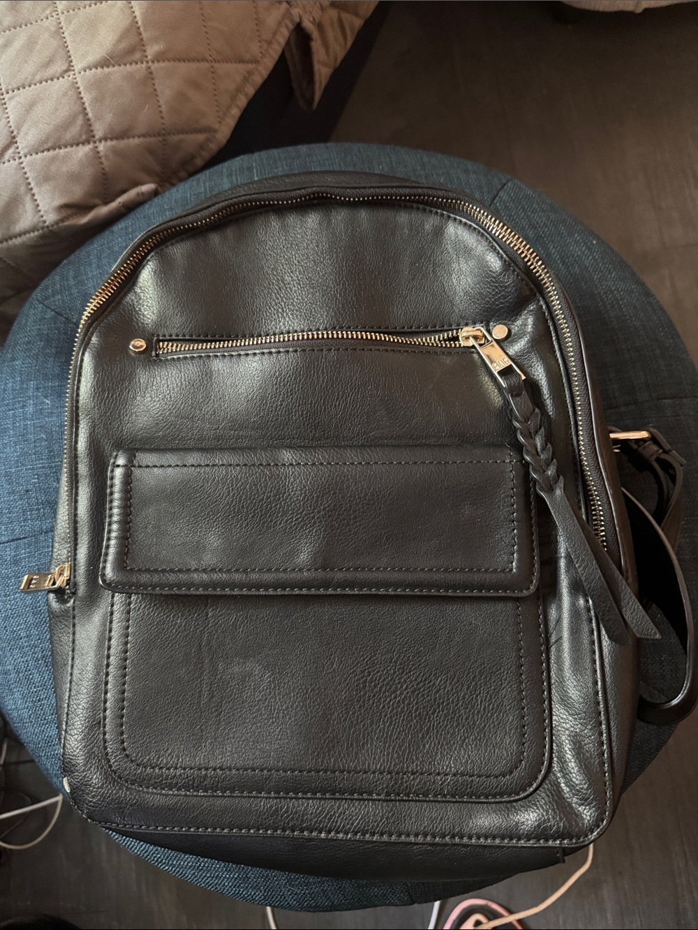GAP Black Leather Backpack with Front Pocket and Gold Hardware
